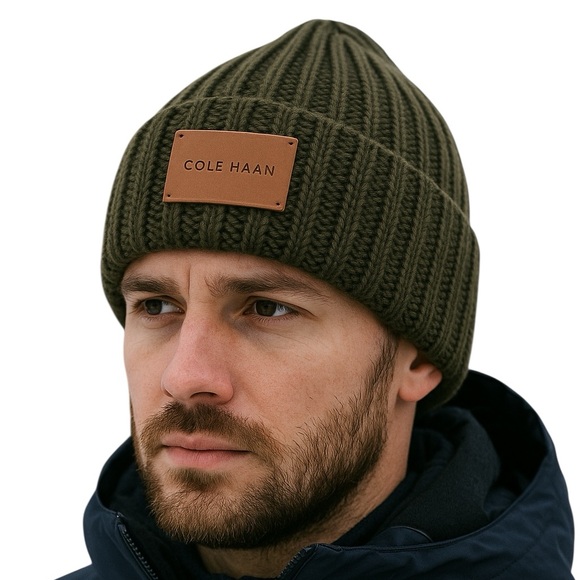 Cole Haan Chunky Rib Knit Cuffed Beanie Leather Logo Patch Green One Size New! - Picture 1 of 5